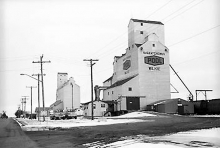 Image of wooden grain elevators from Wilkie, Saskatchewan