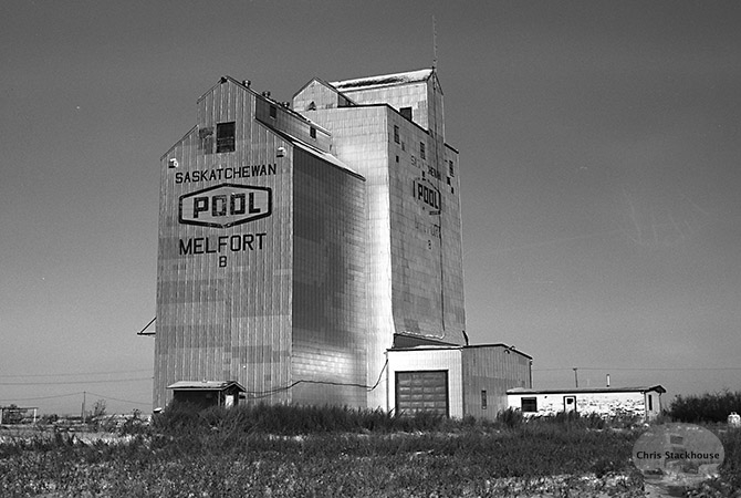 Photograph of wooden grain elevator at Melfort, Saskatchewan